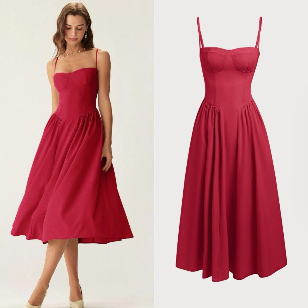 NWT RIHOAS Red Square Neck Midi Dress Strappy Sleeveless Pocket Elegant